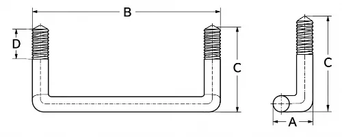 Dimension drawing, front and side views, marking dimensions A to D